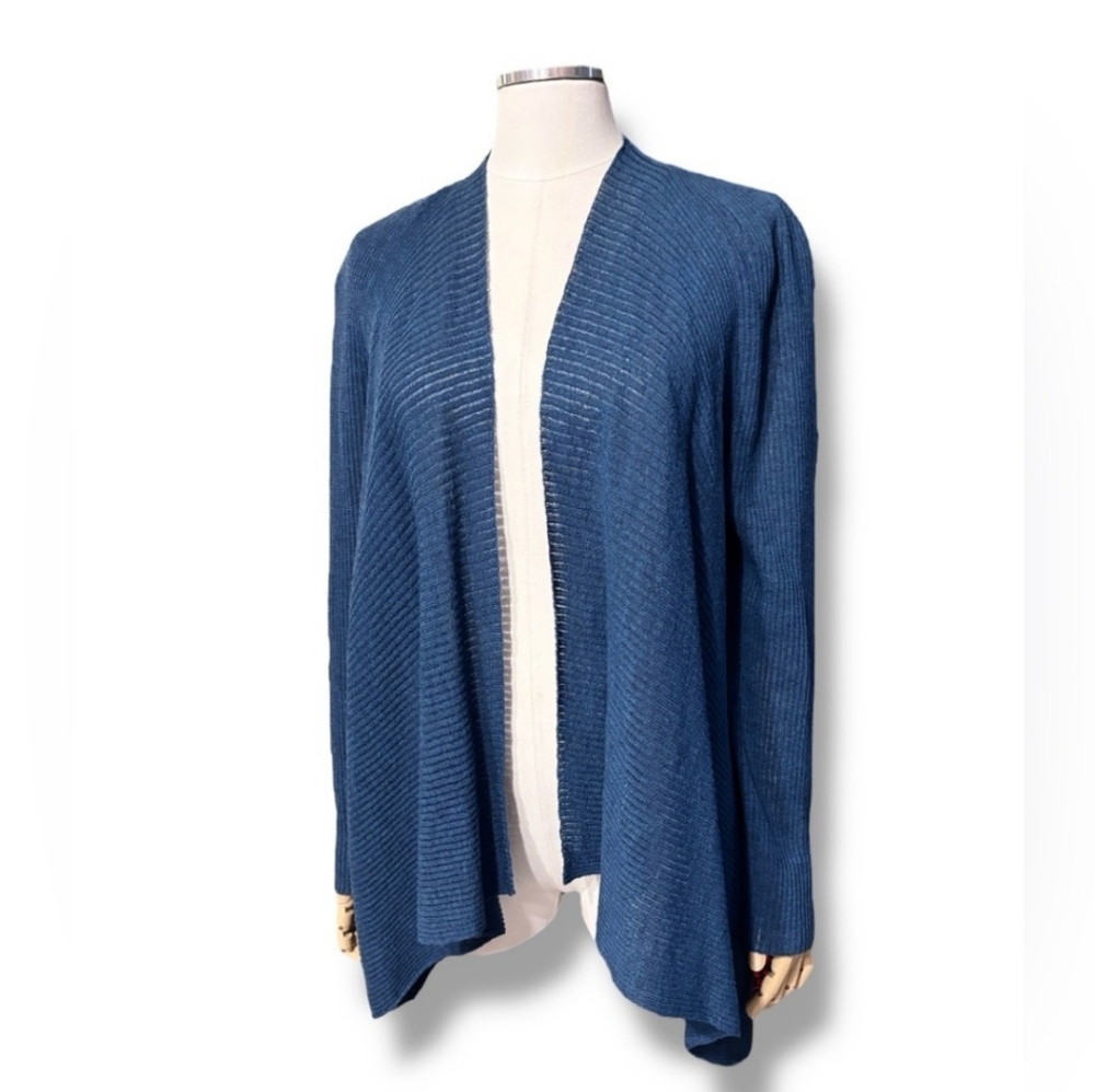 EILEEN FISHER Blue Fine Knit Wool Open Front Cardigan
